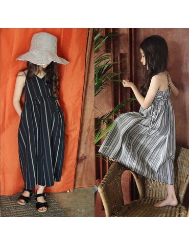 Leisure Girls Kids Striped Sleeveless Vintage Casual Dresses For 3Y-13Y