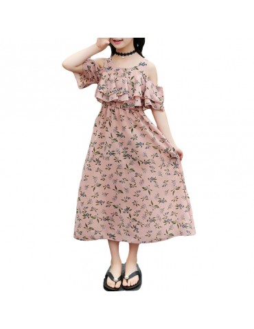 Floral Girls Off Shoulder Chiffon Dress For 6-15Y