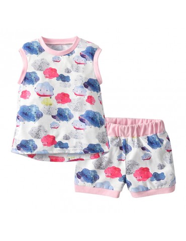 Cloud Print Toddler Girls Clothing Set Tops Vest + Shorts Outfits Clothes For 1Y-7Y