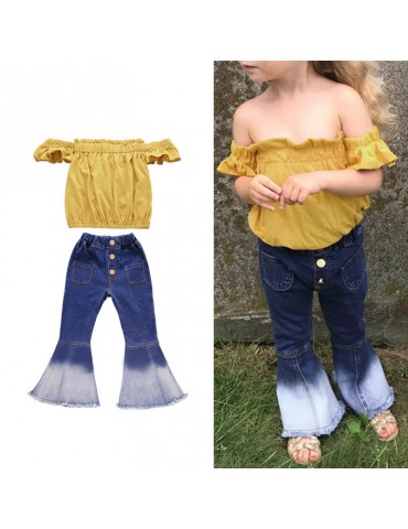 2Pcs Girls Set Off Shoulder Tops + Flare Denim Pants For 2-9Years