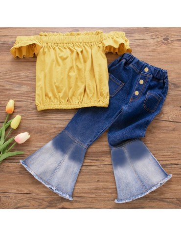 2Pcs Girls Set Off Shoulder Tops + Flare Denim Pants For 2-9Years