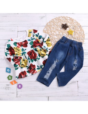 2Pcs Girls Set Flower Print Tops + Denim Pants For 1-7Years