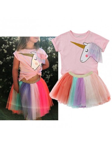 Cute Animal Toddler Girls Top T-shirt + Colorful Lace Tutu Skirt Kids Outfits Set For 2Y-9Y