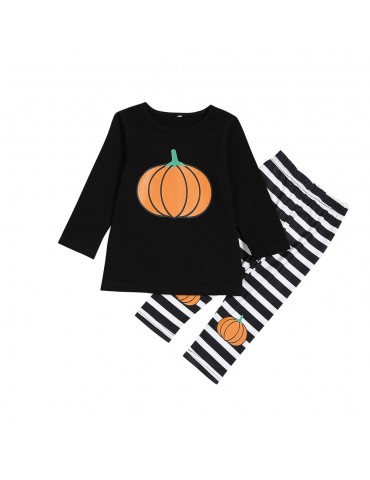 2Pcs Pumpkin Print Girls Casual Set Tops + Pants Clothing Set For 2Y-7Y