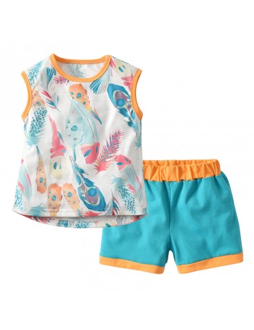 Feather Print Toddler Girls Clothing Set Tops Vest + Shorts Summer Clothes For 1Y-7Y