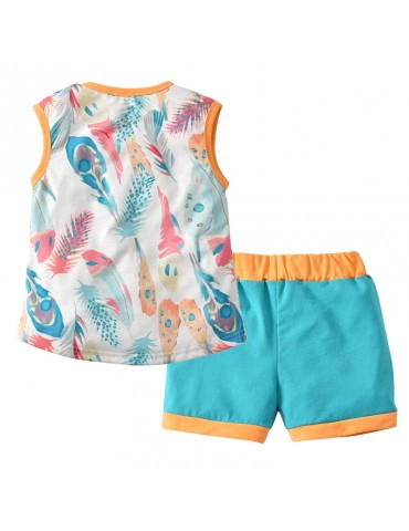 Feather Print Toddler Girls Clothing Set Tops Vest + Shorts Summer Clothes For 1Y-7Y