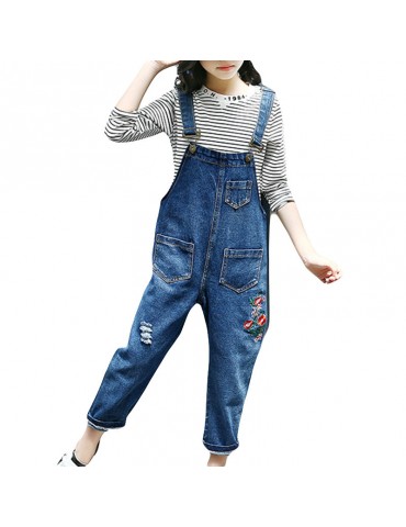 Flower Embroidery Girls Long Sleeve Tops + Suspender Jeans Sets For 4Y-15Y