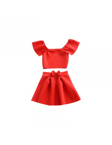 2Pcs Red Off Shoulder Girls Summer Skirt Set For 1Y-5Y