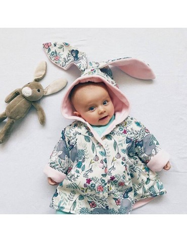 Cute Infant Baby Girls Clothing Long Sleeve Rabbit 3D Ear Floral Jacket Winter Coat