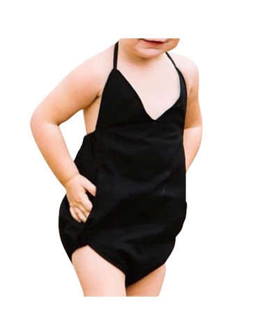 Black Cotton Strap Baby Girls Romper For 0-24M