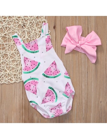 Baby Girls Watermelons Print Backless Ruffle Bodysuit With Headband