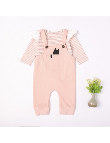 Striped Infant Girls Romper + Suspender Pants Set For 0-3 Years