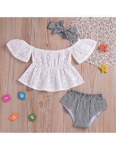 Lace Striped Girls Sets Trumpet Sleeve Tops +Shorts For 0-2Years