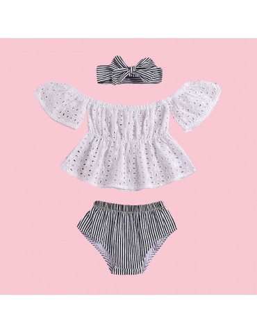 Lace Striped Girls Sets Trumpet Sleeve Tops +Shorts For 0-2Years