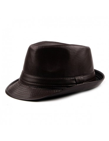 Men Winter Vintage PU Leather Curved Brim Jazz Cap British Style Warm Fedora Hat