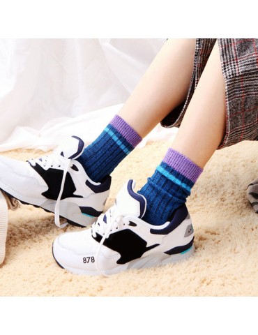 Men Women Vintage Patchwork Breathable Cotton Stripe Middle Tube Socks Comfortable Kintted Socks