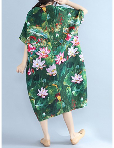 Vintage Lotus Print Loose Half Sleeve O-neck Women Mid-long Dress